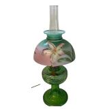 Vintage 20-Inch Green Glass Table Lamp with Floral Shade