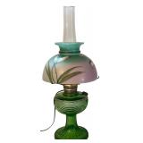 Vintage 20-Inch Green Glass Table Lamp with Floral Shade