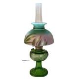 Vintage 20-Inch Green Glass Table Lamp with Floral Shade