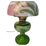 Vintage 20-Inch Green Glass Table Lamp with Floral Shade