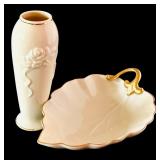 Vintage Lenox Hand Decorated 24k Gold Trim Leaf Dish and Lenox Rosebud Vase
