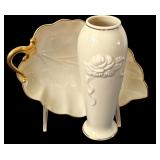Vintage Lenox Hand Decorated 24k Gold Trim Leaf Dish and Lenox Rosebud Vase