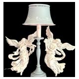 Vintage Blue Tole Lamp with White Flowers / Pair of White Angels Wall Hanging