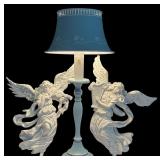 Vintage Blue Tole Lamp with White Flowers / Pair of White Angels Wall Hanging
