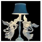 Vintage Blue Tole Lamp with White Flowers / Pair of White Angels Wall Hanging