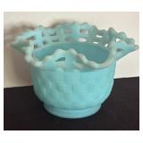 Vintage Fenton Blue Satin Basket Weave with Open Edge Ruffled Lace Rim Bowl