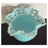 Vintage Fenton Blue Satin Basket Weave with Open Edge Ruffled Lace Rim Bowl