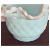 Vintage Fenton Blue Satin Basket Weave with Open Edge Ruffled Lace Rim Bowl