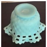 Vintage Fenton Blue Satin Basket Weave with Open Edge Ruffled Lace Rim Bowl