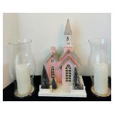 Vintage-Inspired Pink Putz Christmas House and Glass Hurricane Candle Holders