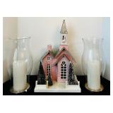 Vintage-Inspired Pink Putz Christmas House and Glass Hurricane Candle Holders