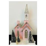 Vintage-Inspired Pink Putz Christmas House and Glass Hurricane Candle Holders
