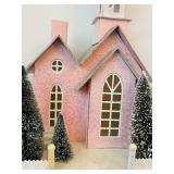 Vintage-Inspired Pink Putz Christmas House and Glass Hurricane Candle Holders