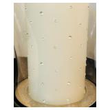 Vintage-Inspired Pink Putz Christmas House and Glass Hurricane Candle Holders