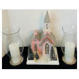 Vintage-Inspired Pink Putz Christmas House and Glass Hurricane Candle Holders