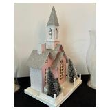 Vintage-Inspired Pink Putz Christmas House and Glass Hurricane Candle Holders