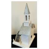 Vintage-Inspired Pink Putz Christmas House and Glass Hurricane Candle Holders