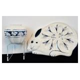 Blue and White Pottery Rabbit Plate and Decorative Pot