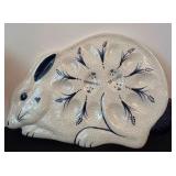 Blue and White Pottery Rabbit Plate and Decorative Pot