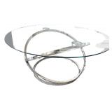 Modern Glass and Chrome Round Coffee Table with Sculptural Base