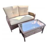 2-Piece Wicker Patio Set with Cushioned Loveseat and Glass-Top Table