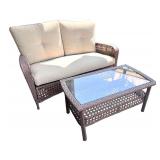 2-Piece Wicker Patio Set with Cushioned Loveseat and Glass-Top Table