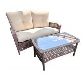 2-Piece Wicker Patio Set with Cushioned Loveseat and Glass-Top Table