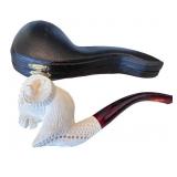 Carved Meerschaum Pipe with Ram Head Design and Fitted Case