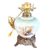 Vintage Table Lamp with Hand-Painted Bird Scene and Ornate Metal Base