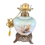 Vintage Table Lamp with Hand-Painted Bird Scene and Ornate Metal Base