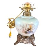 Vintage Table Lamp with Hand-Painted Bird Scene and Ornate Metal Base