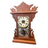 Antique Gilbert Mantel Clock with Ornate Wood Case and Key