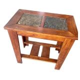 Wooden Side Table with Slate Top Inlays and Lower Shelf
