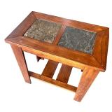 Wooden Side Table with Slate Top Inlays and Lower Shelf