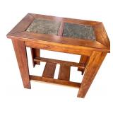 Wooden Side Table with Slate Top Inlays and Lower Shelf