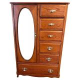 Oak Highboy Dresser with Mirror and Brass Hardware