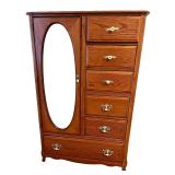 Oak Highboy Dresser with Mirror and Brass Hardware