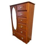 Oak Highboy Dresser with Mirror and Brass Hardware