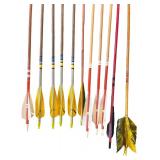 Collection of 11 Vintage Wooden Hunting and Target Arrows with Feather Fletching