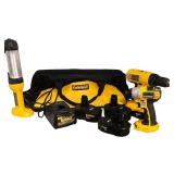 DeWalt 18V Cordless Tool Set with Drill, Impact Driver, Work Light, Batteries, Charger, and Bag