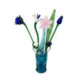 Hand-Blown Glass Flower Bouquet in Blue Vase