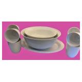 White Porcelain Dinnerware Set Including Bowls, Cups, and Serving Platter