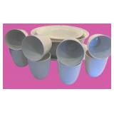 White Porcelain Dinnerware Set Including Bowls, Cups, and Serving Platter