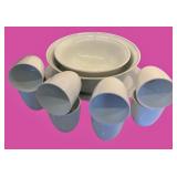 White Porcelain Dinnerware Set Including Bowls, Cups, and Serving Platter