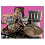Kitchen Cookware Collection including Pots, Pans, and Bakeware