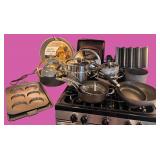 Kitchen Cookware Collection including Pots, Pans, and Bakeware