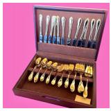 Gold-Plated Flatware Set in Wooden Case - 12 Place Settings