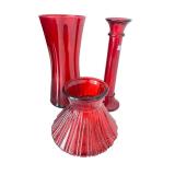 Red Glass Vase and Martini Glass Decor Collection with Faux Roses