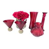 Red Glass Vase and Martini Glass Decor Collection with Faux Roses
