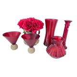 Red Glass Vase and Martini Glass Decor Collection with Faux Roses